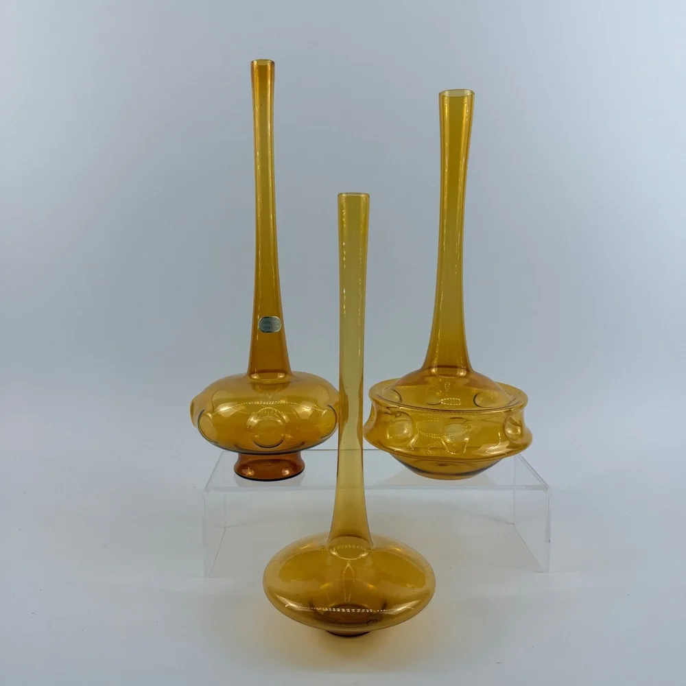Vintage Lauscha Atomic MCM Amber Art Glass Bud Vase Trio Germany Set of 3